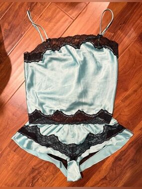 Victorias Secret Silk-Feel Satin Lace Chemise Set in Seafoam Color